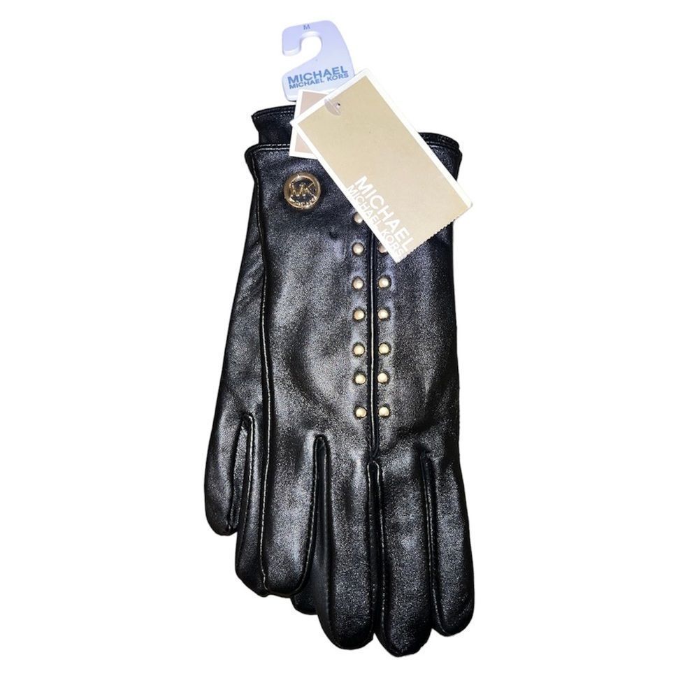 Micheal Kors Black leather Astor Gold studded Gloves